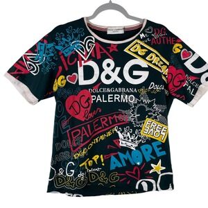 Dolce & Gabbana Palermo Graffiti Print T-Shirt Mens Green Graphic Ringer Tee